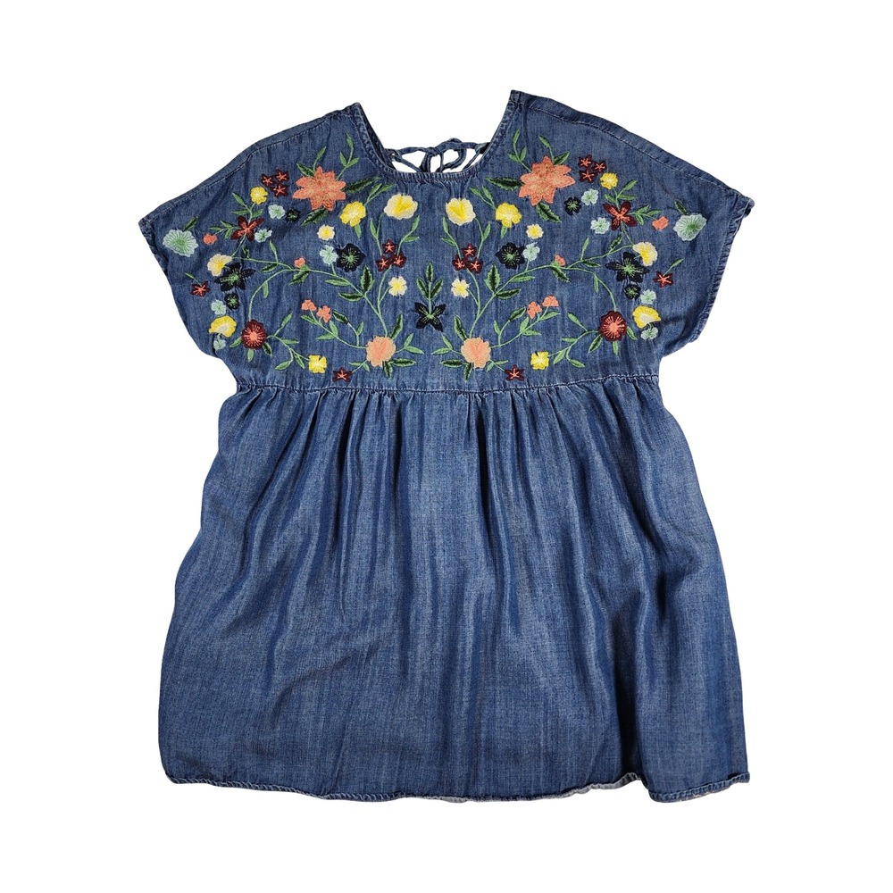 Chelsea & Theodore‎ Petite Denim Dress Embroidered Floral Short Sleeve Shirt Top